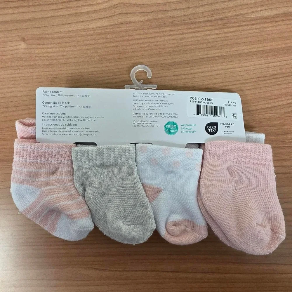 Carters Just One You Baby Girl Socks 8 Pack Pink White Grey 0-3 Months NEW